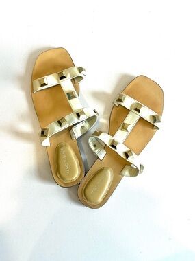 Marc Fisher studded flat sandals 9.5 womens cream gold cage slides Bonis slip on